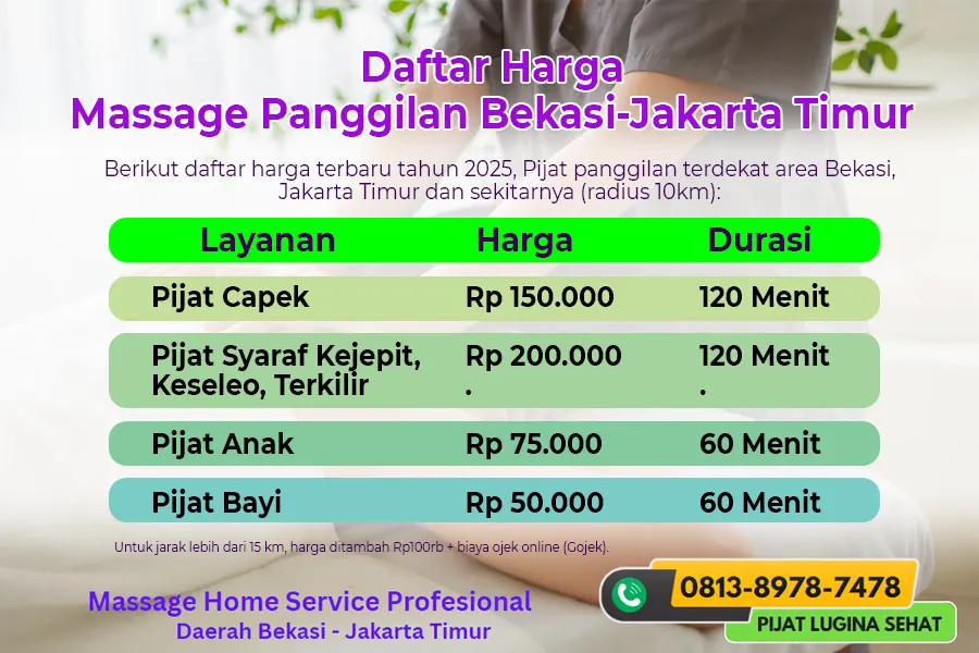 Daftar harga layanan massage panggilan Terdekat Bekasi hingga Jakarta Timur
